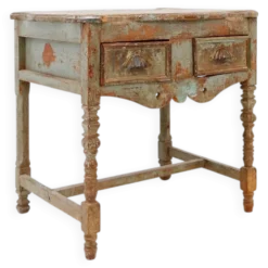 Table d'appoint 2 tiroirs en bois patiné - 20ème siècle