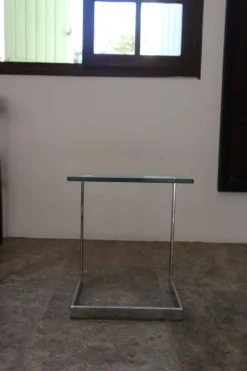Table d’appoint verre, chrome « Gebra », années 80, étiquette d'origine