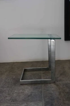 Table d’appoint verre, chrome « Gebra », années 80, étiquette d'origine