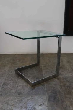 Table d’appoint verre, chrome « Gebra », années 80, étiquette d'origine
