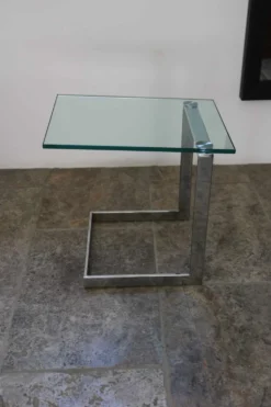 Table d’appoint verre, chrome « Gebra », années 80, étiquette d'origine