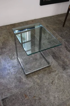 Table d’appoint verre, chrome « Gebra », années 80, étiquette d'origine