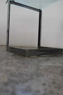 Table d’appoint verre, chrome « Gebra », années 80, étiquette d'origine