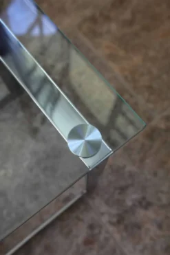 Table d’appoint verre, chrome « Gebra », années 80, étiquette d'origine