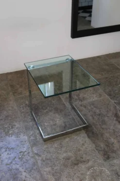 Table d’appoint verre, chrome « Gebra », années 80, étiquette d'origine