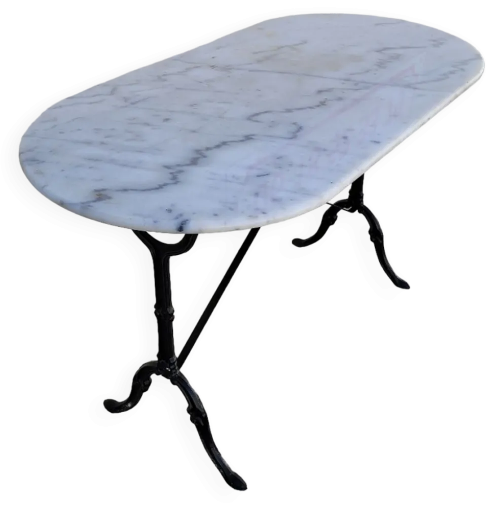 Table de bistrot en fonte et plateau en marbre ovale ancienne