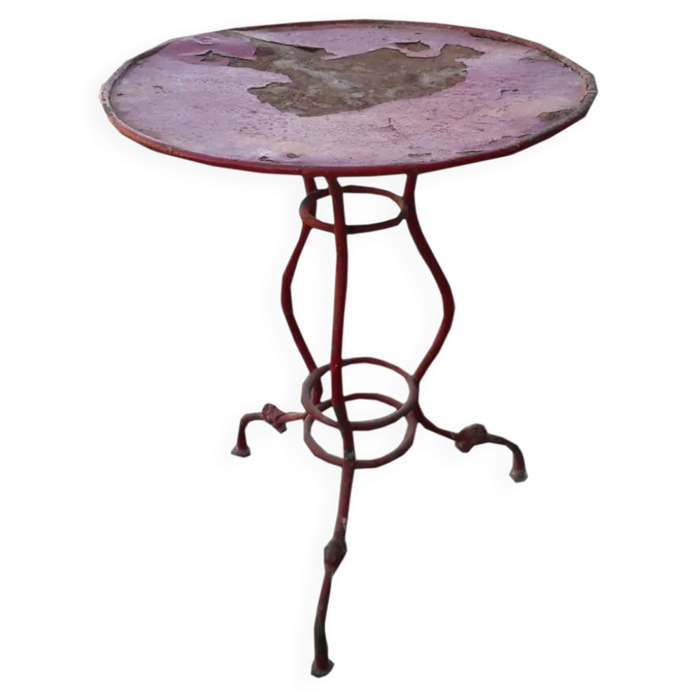 Table de bistrot rouge en fonte vintage (années 1950) — plateau rond métal, piètement tripode