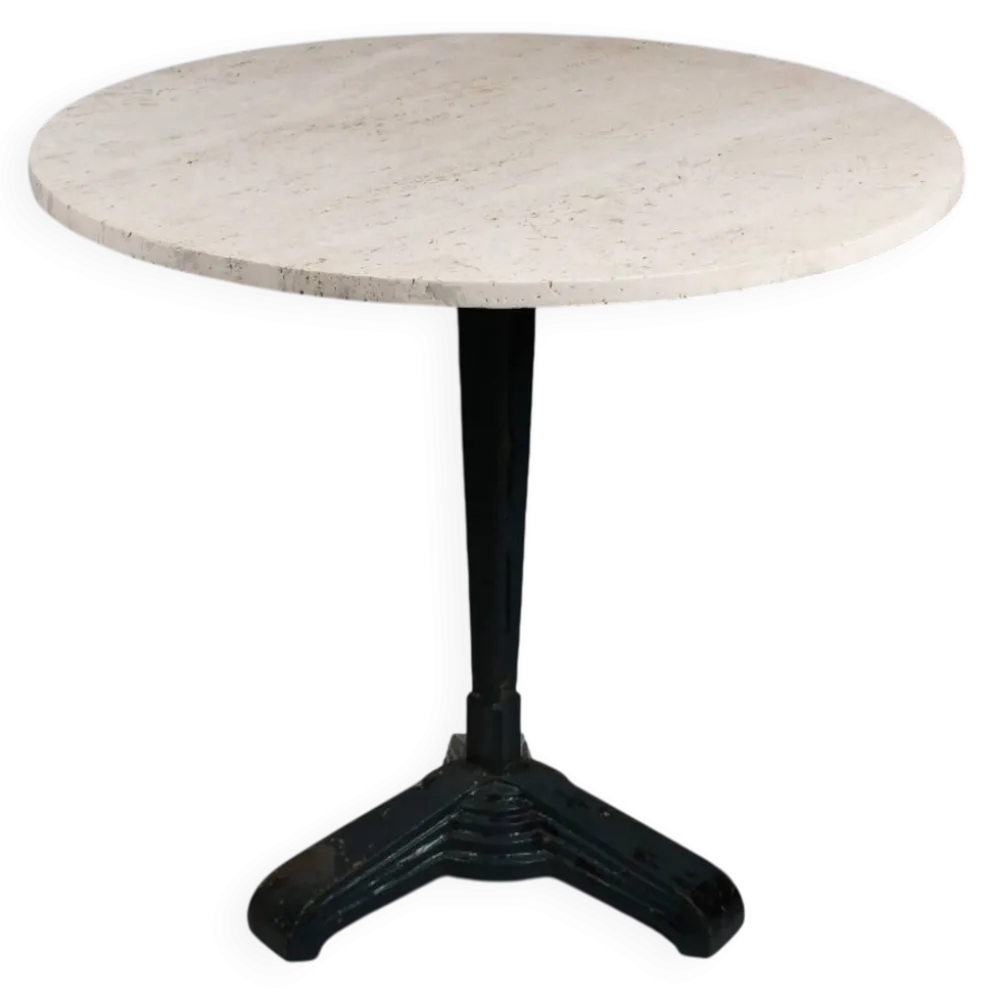 Table de bistrot/salle à manger en travertin vintage avec base en métal. (B)