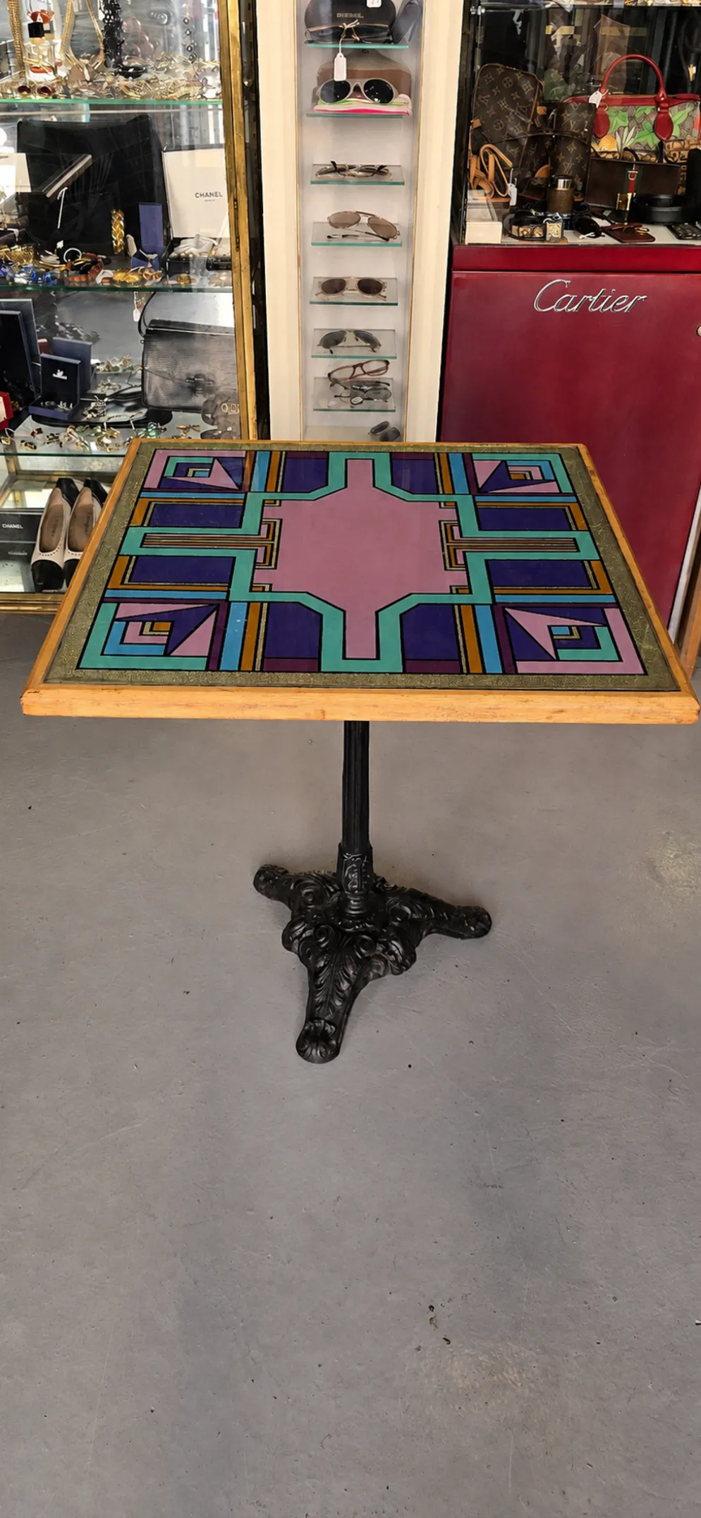 Table de bistrot vintage à plateau peint Bing, Cannes, années 1990