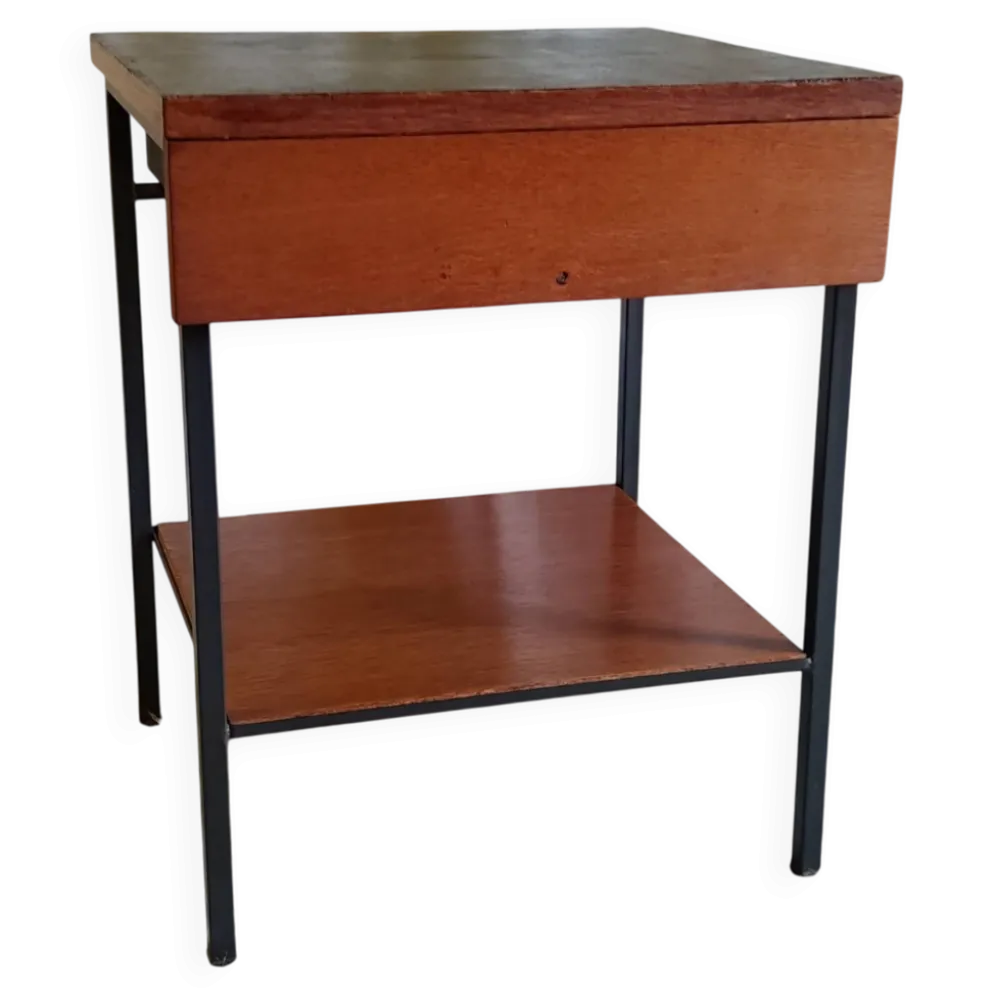 Table de chevet moderniste en bois et métal - années 50/60