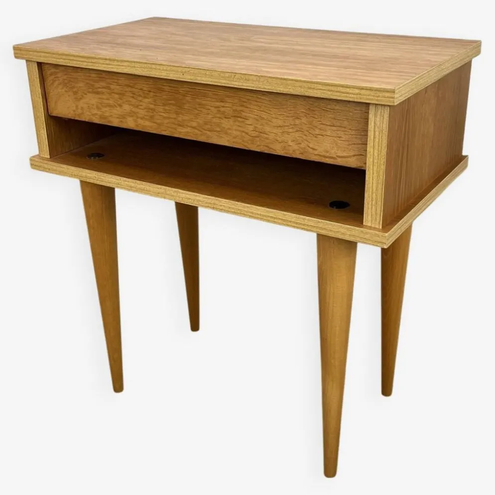 Table de chevet vintage bois blond, années 60