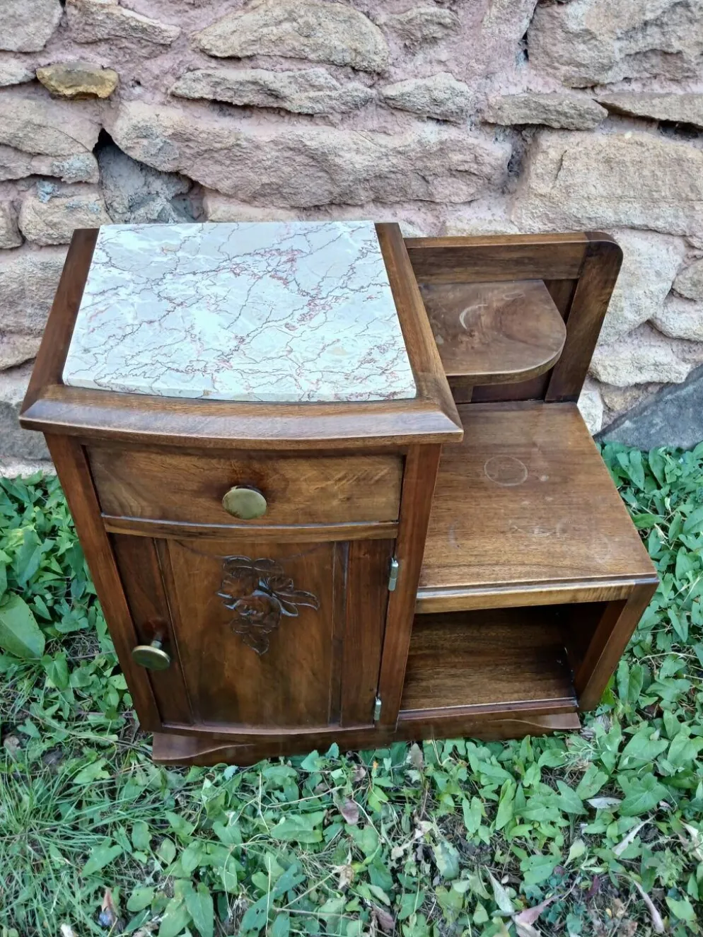 Table de chevet vintage bois et marbre