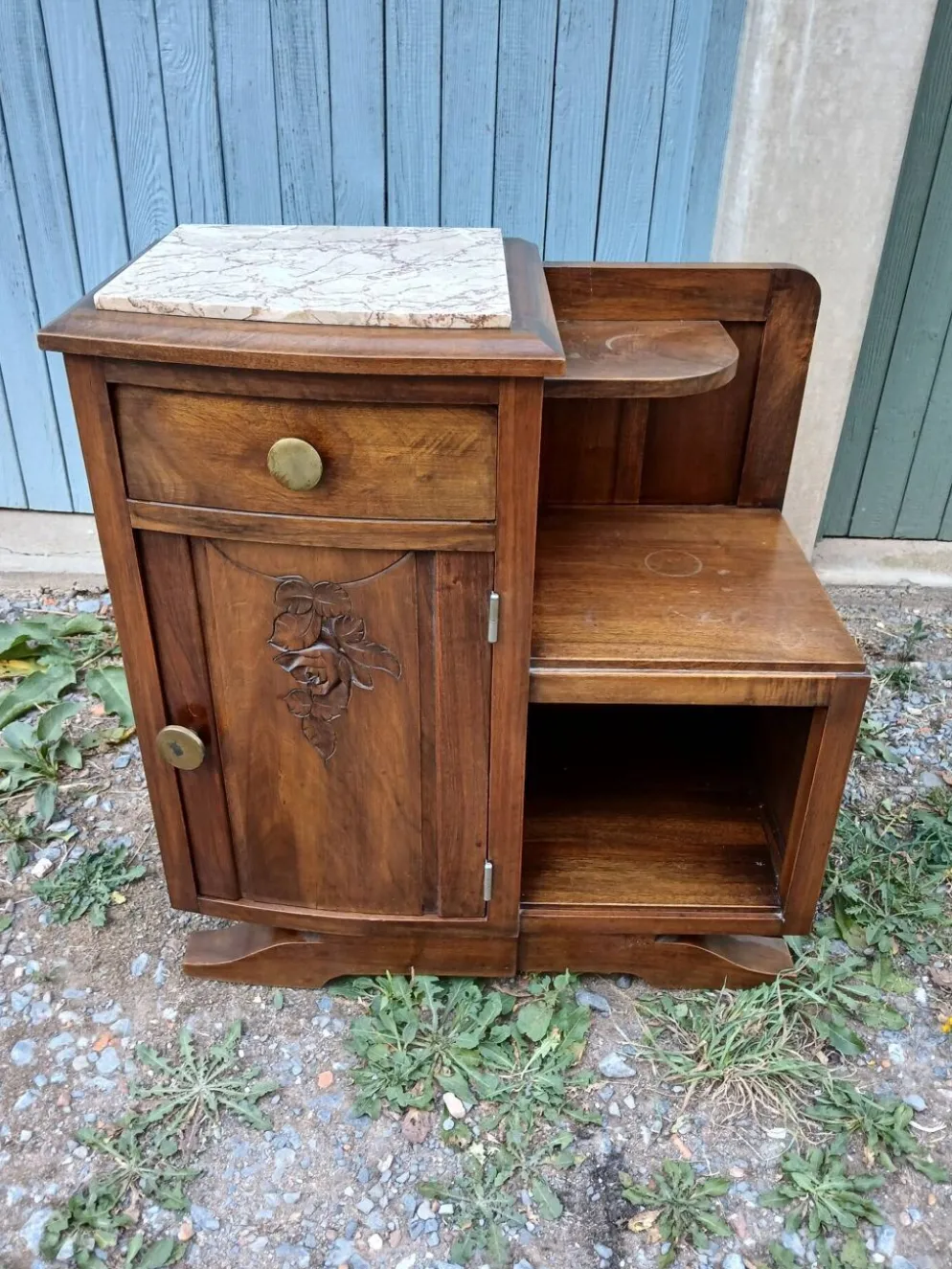 Table de chevet vintage bois et marbre