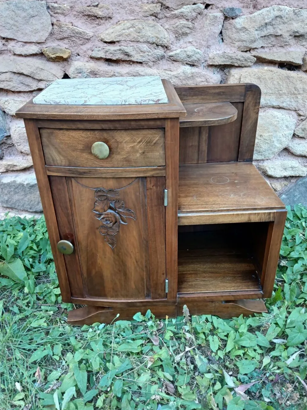 Table de chevet vintage bois et marbre