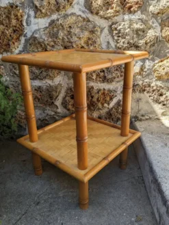 Table de chevet vintage bois effet bambou tressage artisanal japan style