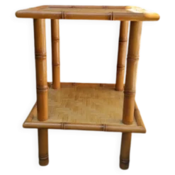 Table de chevet vintage bois effet bambou tressage artisanal japan style