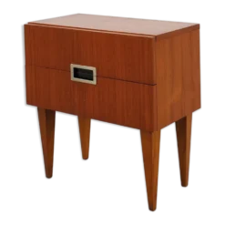 Table de chevet vintage en placage de teck avec 2 tiroirs, Belgique années 1950