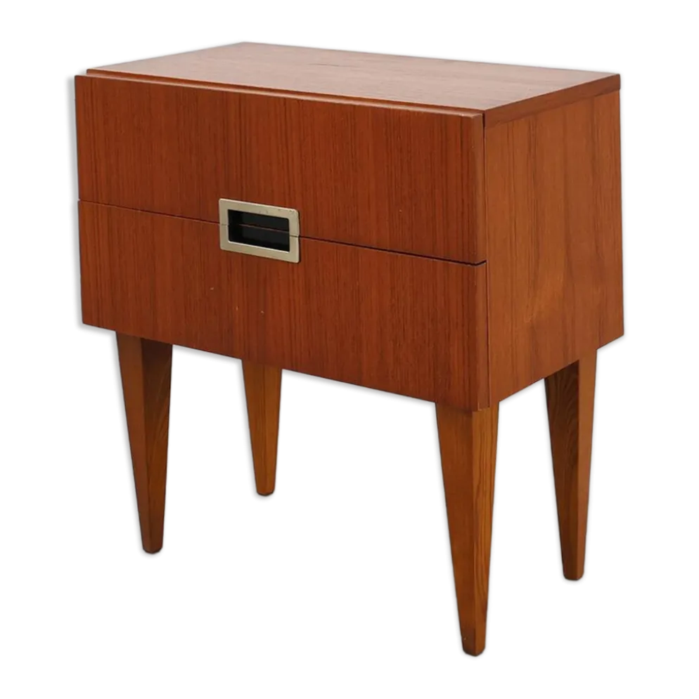 Table de chevet vintage en placage de teck avec 2 tiroirs, Belgique années 1950