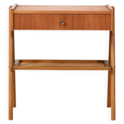 Table de chevet vintage scandinave en teck avec cannage de Vienne