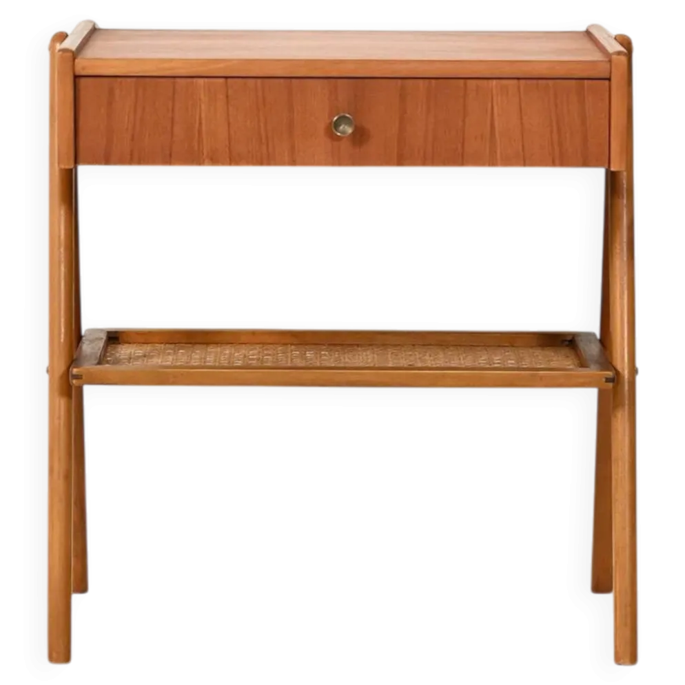 Table de chevet vintage scandinave en teck avec cannage de Vienne