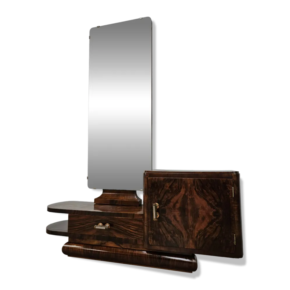 Table de coiffeuse Art Déco en noyer avec miroir, design italien, années 1940.