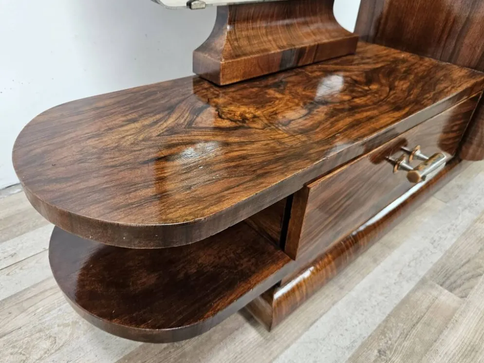 Table de coiffeuse Art Déco en noyer avec miroir, design italien, années 1940.