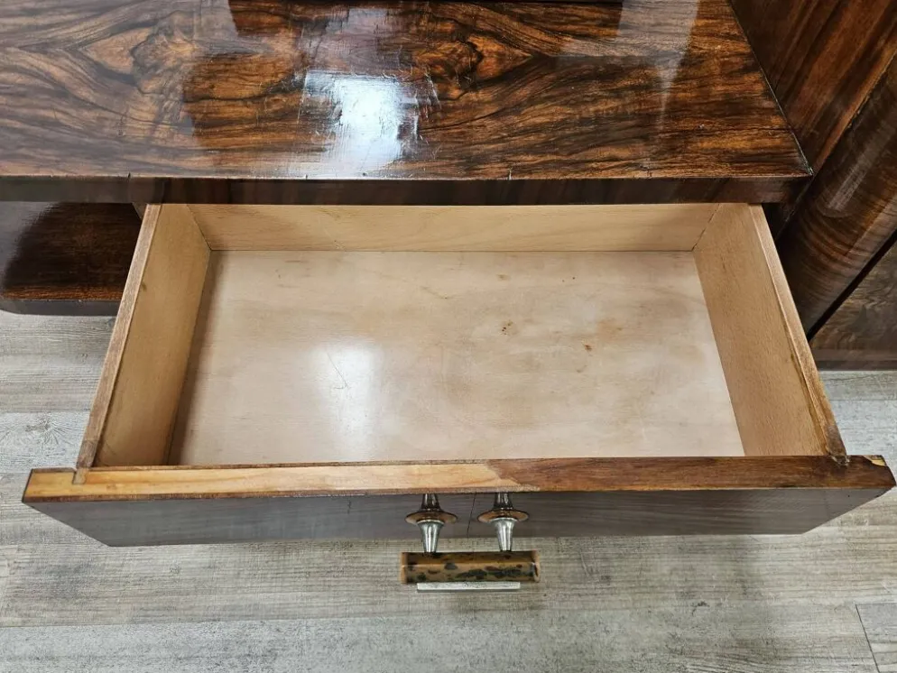 Table de coiffeuse Art Déco en noyer avec miroir, design italien, années 1940.