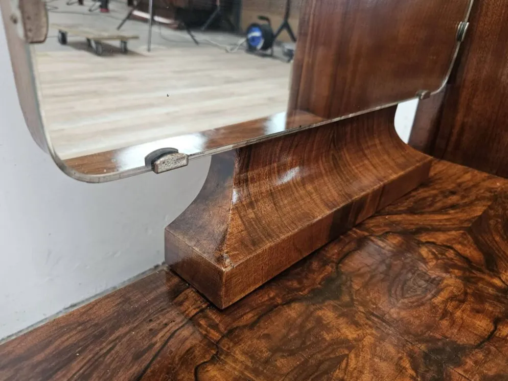 Table de coiffeuse Art Déco en noyer avec miroir, design italien, années 1940.