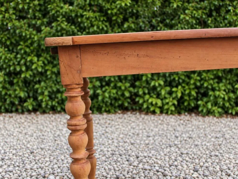 Table de ferme ancienne en bois – pieds tournés, tiroir et rallonge d’appoi