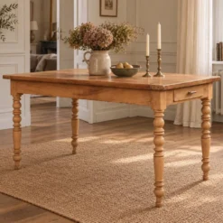 Table de ferme ancienne en bois – pieds tournés, tiroir et rallonge d’appoi