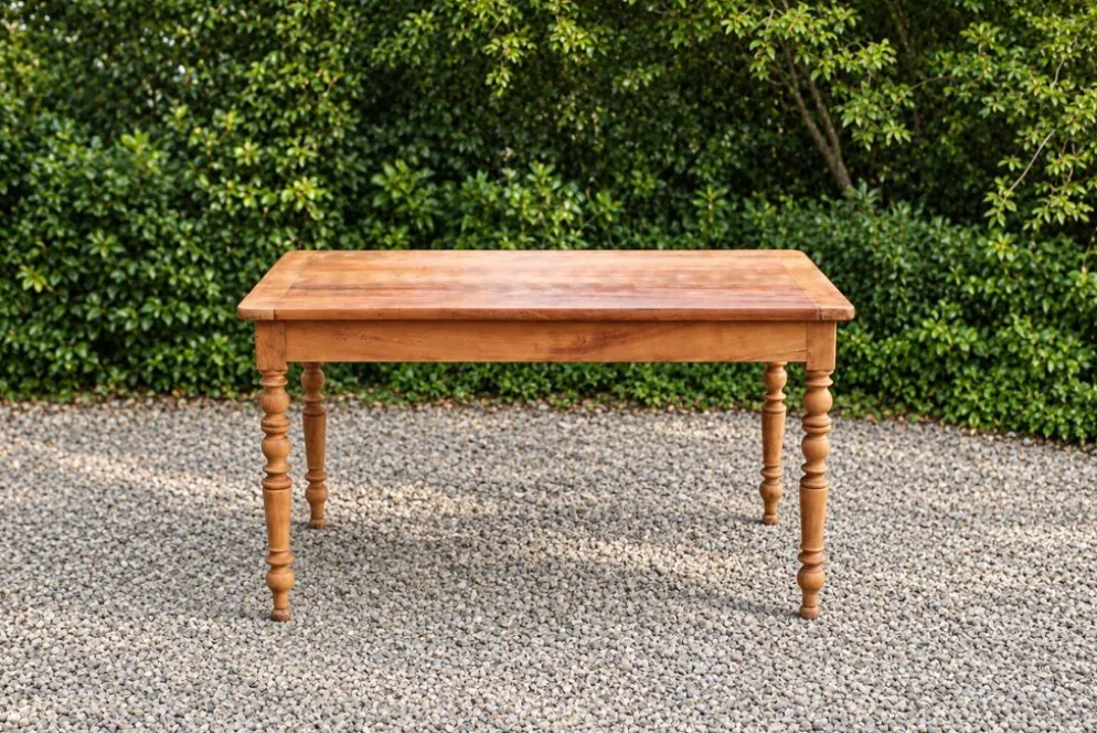 Table de ferme ancienne en bois – pieds tournés, tiroir et rallonge d’appoi