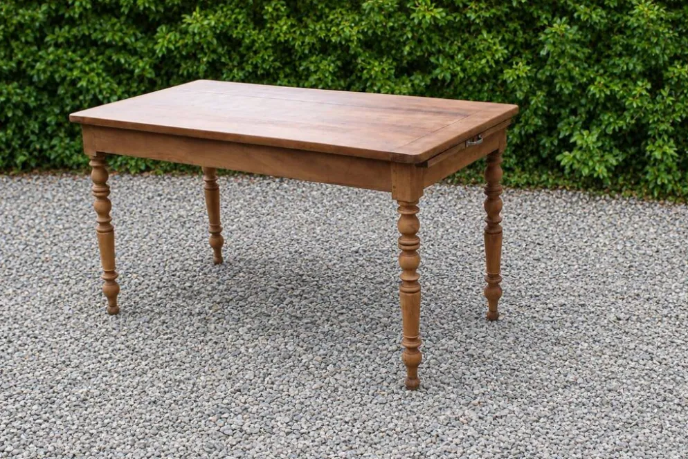 Table de ferme ancienne en bois – pieds tournés, tiroir et rallonge d’appoi
