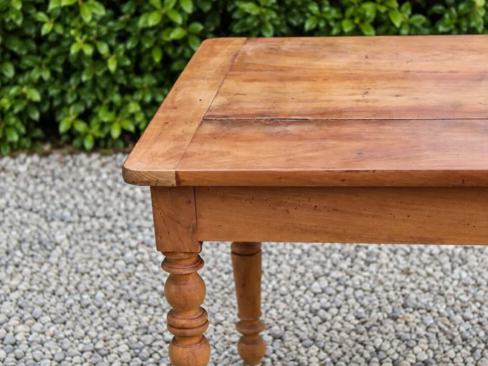 Table de ferme ancienne en bois – pieds tournés, tiroir et rallonge d’appoi