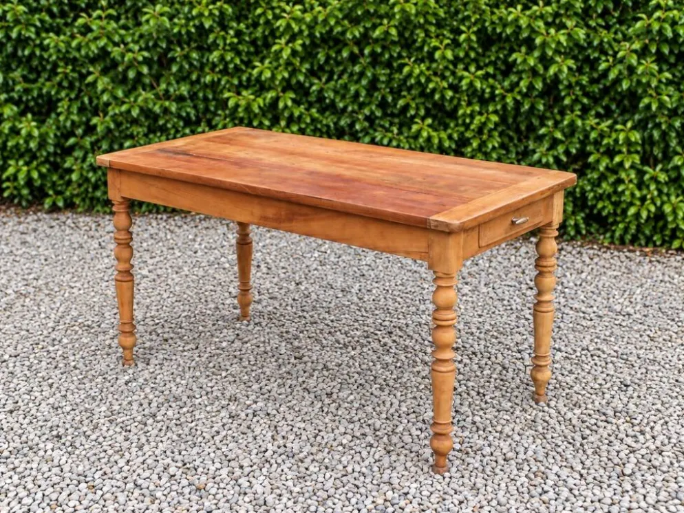 Table de ferme ancienne en bois – pieds tournés, tiroir et rallonge d’appoi