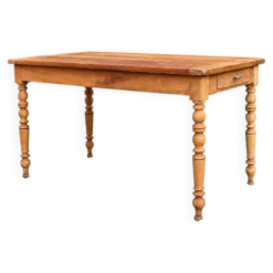 Table de ferme ancienne en bois – pieds tournés, tiroir et rallonge d’appoi