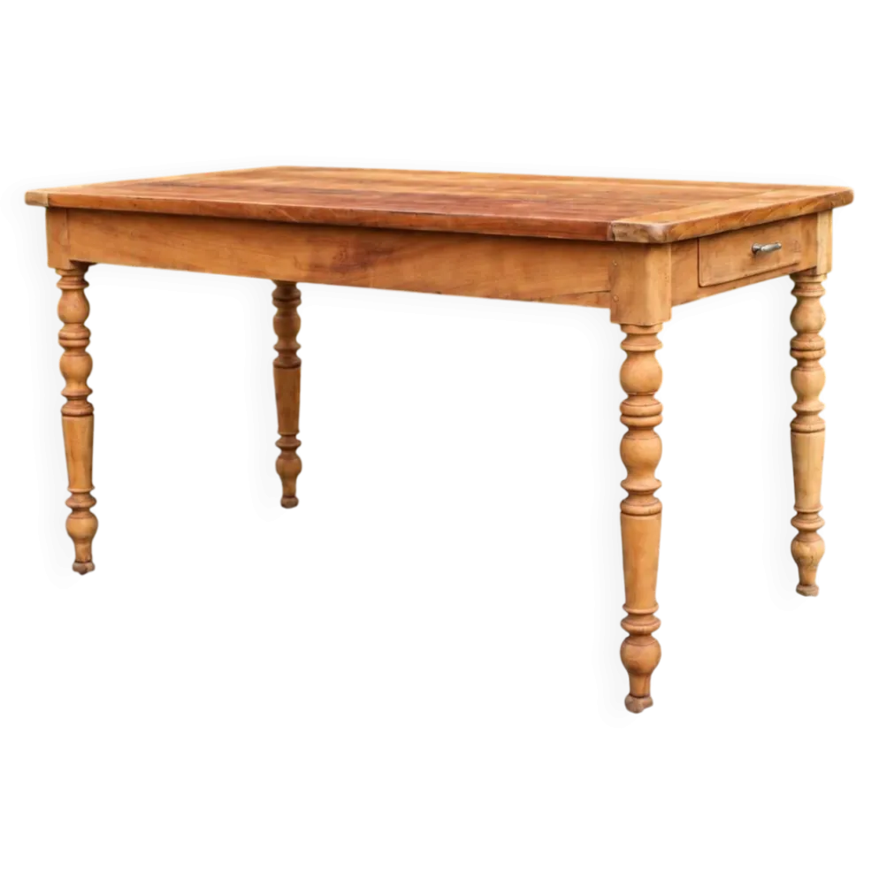 Table de ferme ancienne en bois – pieds tournés, tiroir et rallonge d’appoi