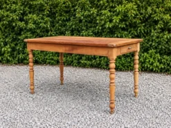 Table de ferme ancienne en bois – pieds tournés, tiroir et rallonge d’appoi