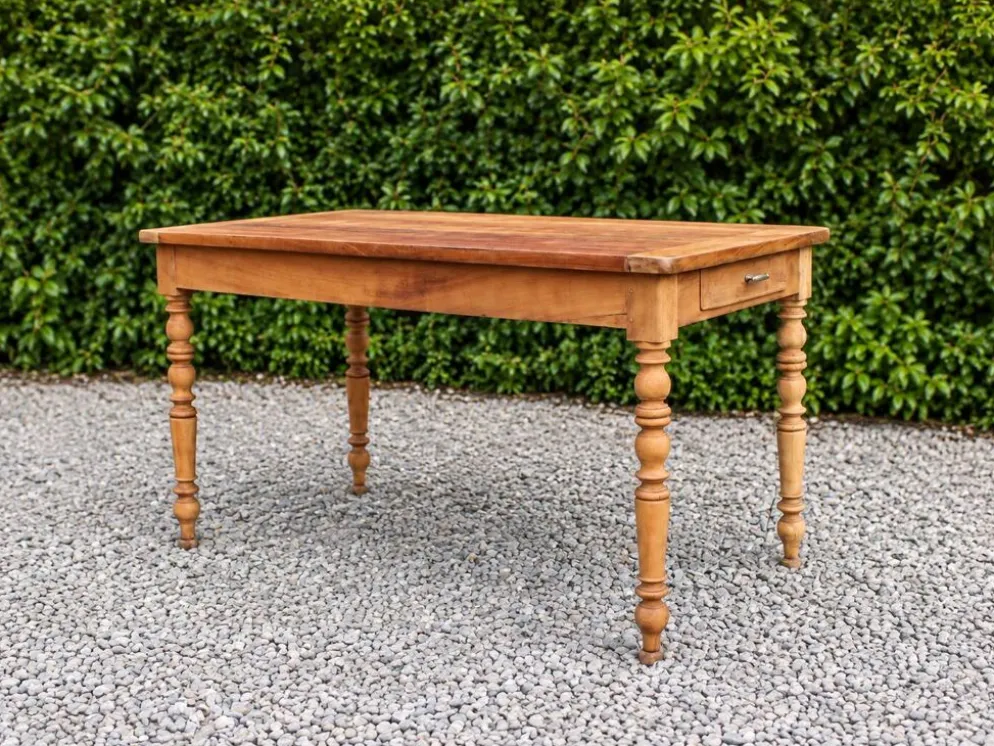 Table de ferme ancienne en bois – pieds tournés, tiroir et rallonge d’appoi