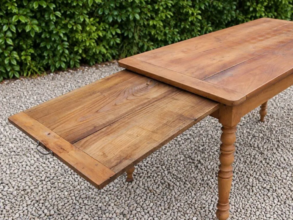 Table de ferme ancienne en bois – pieds tournés, tiroir et rallonge d’appoi