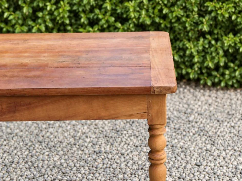 Table de ferme ancienne en bois – pieds tournés, tiroir et rallonge d’appoi