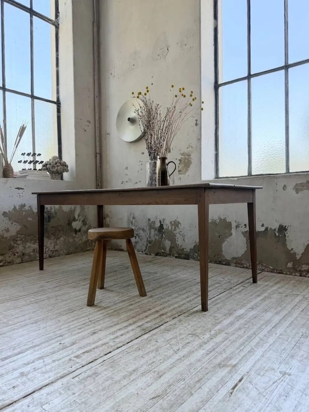 Table de ferme chêne pieds fuseaux 1950