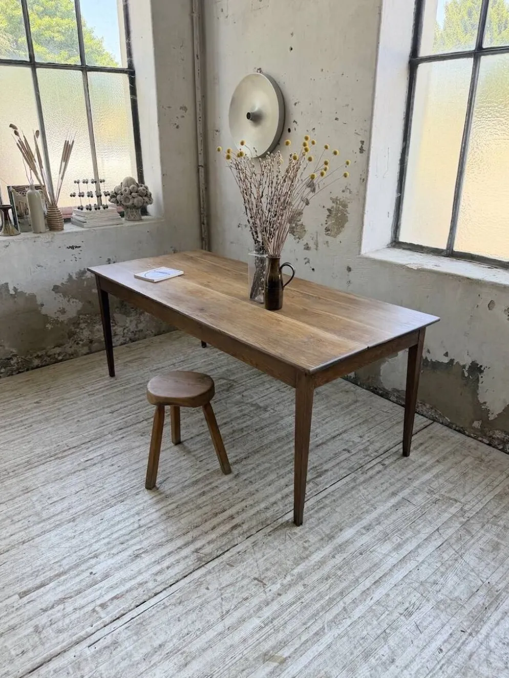 Table de ferme chêne pieds fuseaux 1950