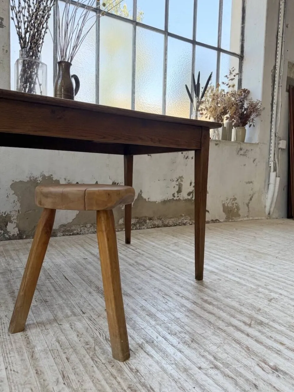 Table de ferme chêne pieds fuseaux 1950
