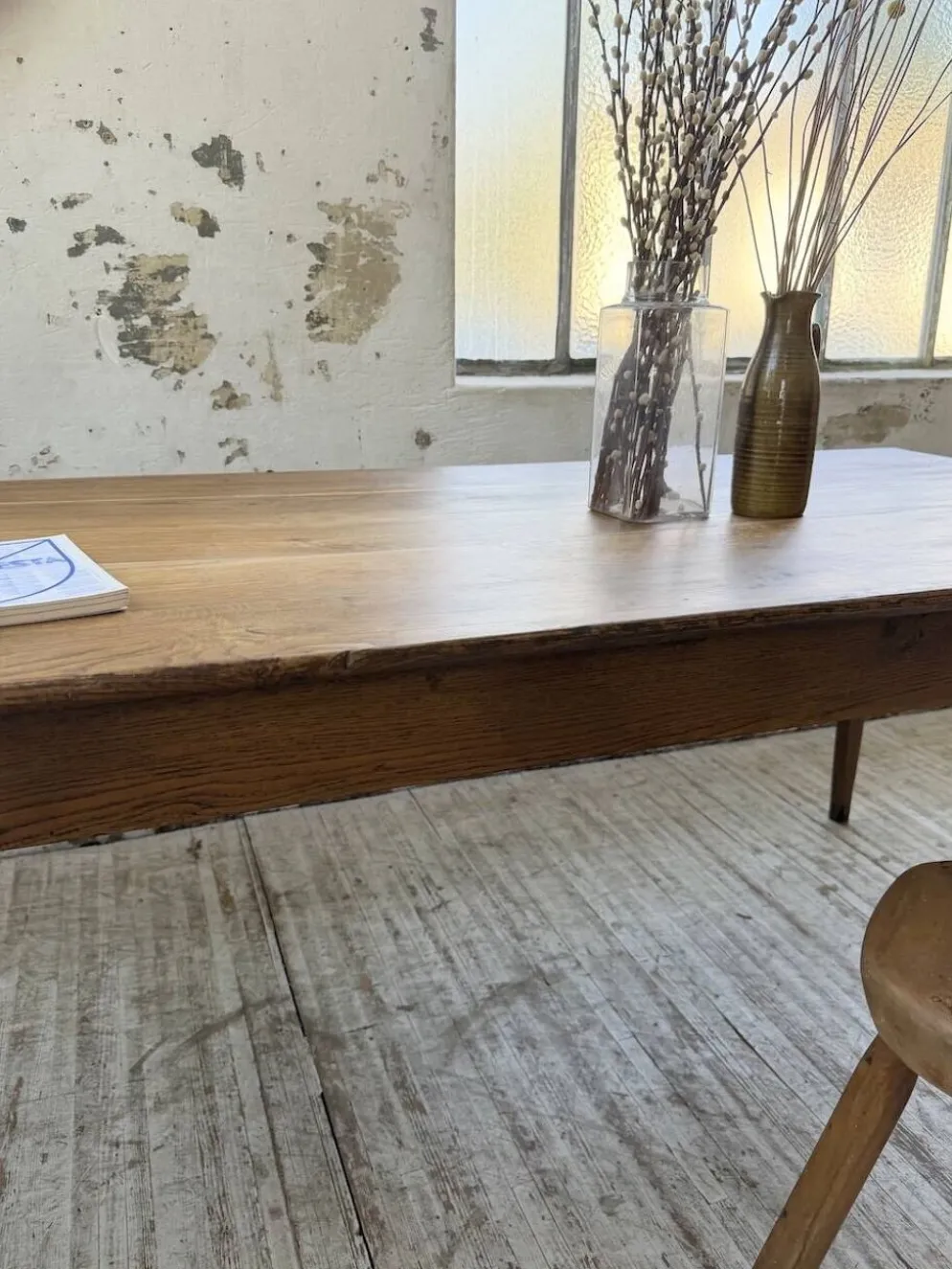 Table de ferme chêne pieds fuseaux 1950
