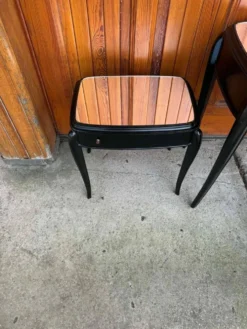 Table de maquillage Art Déco française noire, chaise et tables de nuit, ensemble de 4