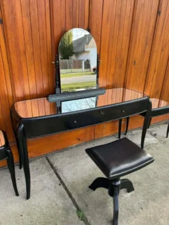 Table de maquillage Art Déco française noire, chaise et tables de nuit, ensemble de 4