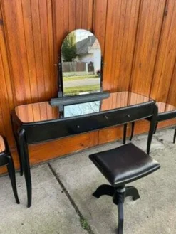 Table de maquillage Art Déco française noire, chaise et tables de nuit, ensemble de 4