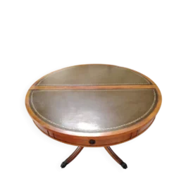 Table de repas ronde Regency en acajou et cuir vert à rallonges - XXe
