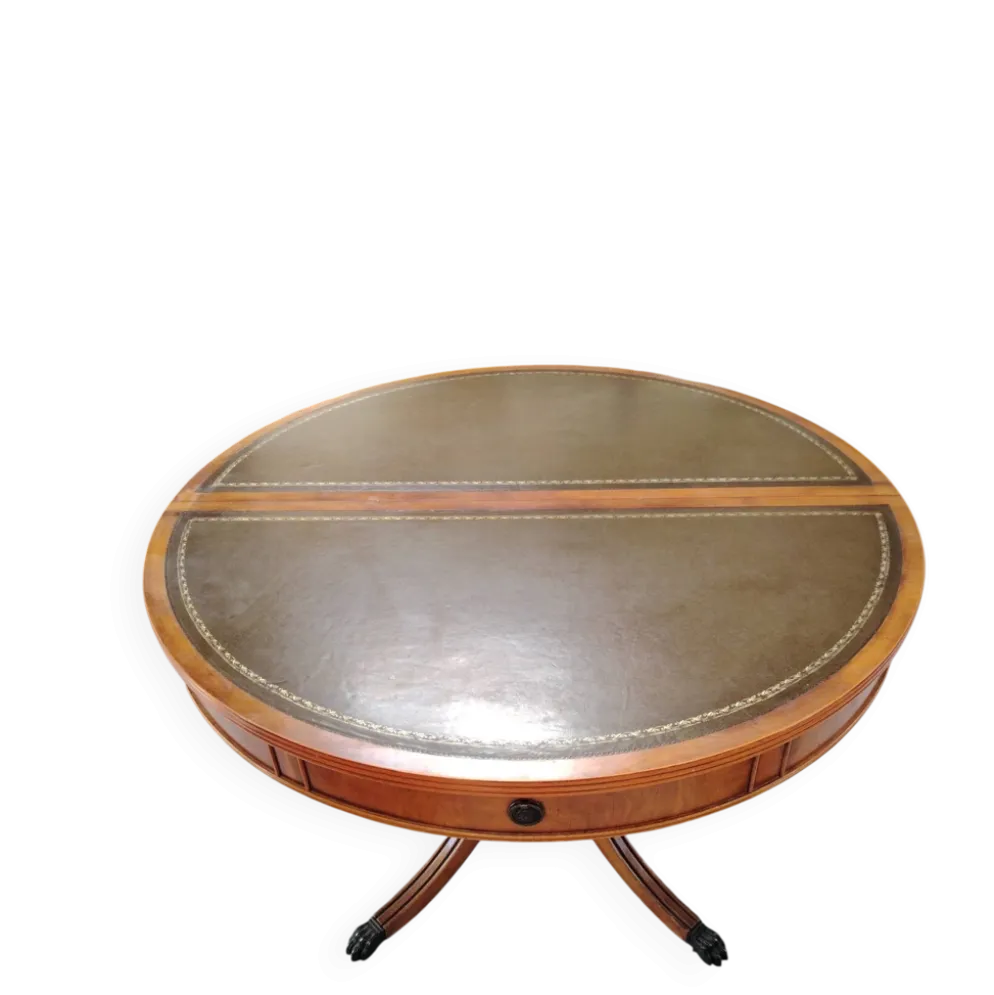 Table de repas ronde Regency en acajou et cuir vert à rallonges - XXe