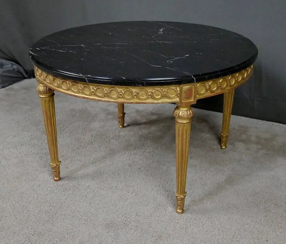 Table de Salon en Marbre & Bois Doré à l’Or fin, style Louis XVI – Milieu XXe